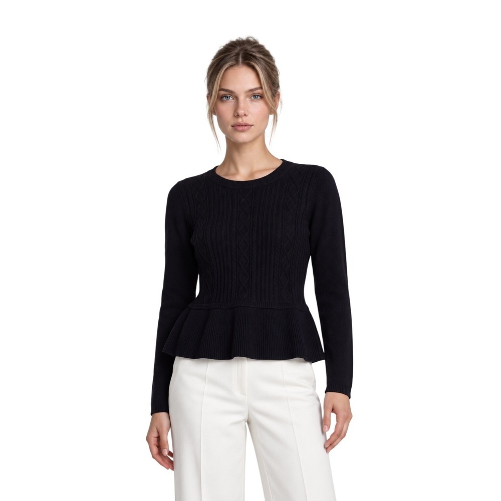 Talbots Cable Knit Peplum Sweater Women's Size Medium Navy Cotton Cashmere Blend
